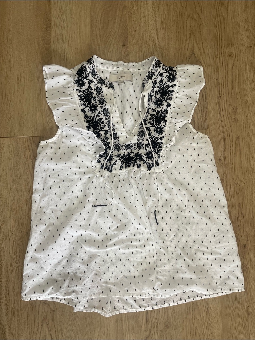 LOFT White Sleeveless Eyelet Top with Black Floral Embroidered (M)